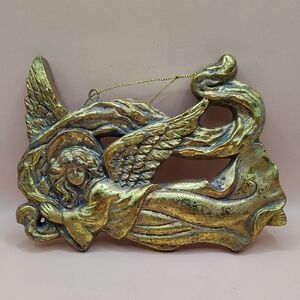 Gold Hand Painted Ceramic Angel Christmas Ornament, Wall Art. Dated 2012